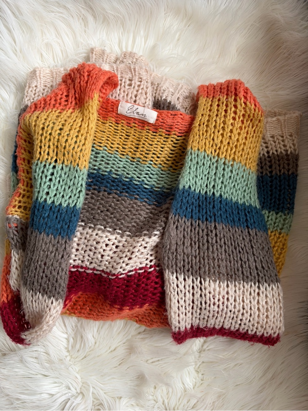 Elan Multicolored Striped Open-Knit Cardigan — Cream, Orange, Yellow, Blue, Red